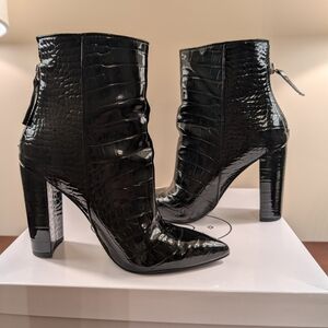 Black Croc-Embossed Ankle Boots